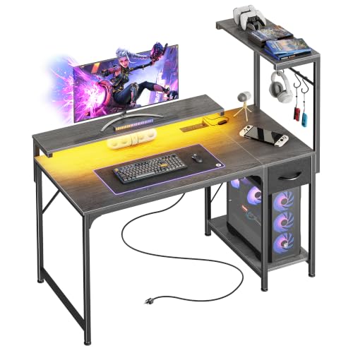 39.4 Inch Gaming Desk with LED Lights & Power Outlets | Small Computer Desk with Drawer & Storage Shelves, Office Writing Desk with Monitor Stand for Work from Home, Grey - color: Grey, size: 39.4 Inch