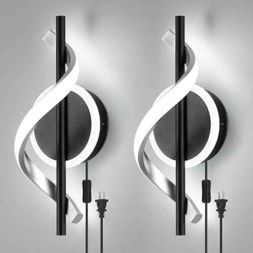 Plug in Wall Sconces Sets of 2, 12W LED Wall Mount Lights, Modern Spiral Wall Lamp, 6000K Cold Modern Light Fixture for Stairs, Living Room, Bedroom, Aisle, Hallway - color: Black-Cool White