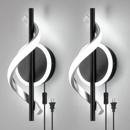 Plug in Wall Sconces Sets of 2, 12W LED Wall Mount Lights, Modern Spiral Wall Lamp, 6000K Cold Modern Light Fixture for Stairs, Living Room, Bedroom, Aisle, Hallway - color: Black-Cool White