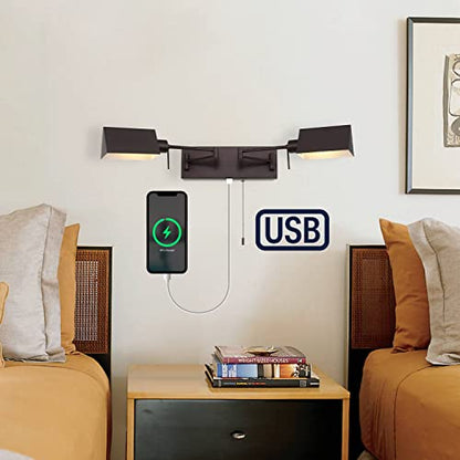 JONATHAN Y Arlo 54" 2-Light Double Swing Arm Metal Lamp, Oil Rubbed Bronze | Industrial Farmhouse Design, Pull Chain Switch, USB Charging Port, Hardwired, Adjustable Shades, LED Bulbs Included - color: Oil-Rubbed Bronze, size: 2-Light