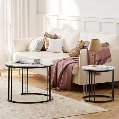 Coffee Table Faux Marble Nesting Table for Small Place 2 Sets Modern Furniture Living Room Sets End Side Table Night Stand for Bed Room Dining Room (Black & White) - color: Black