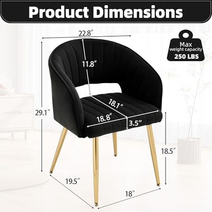 Velvet Home Office Desk Vanity Chair, No Wheels, Gold Legs, Black | Modern Accent Chair with Stylish Stripe Design, Spacious‌ Soft Seat for Girls & Women Bedroom Makeup or Nail Table - color: Black Velvet, No Wheels