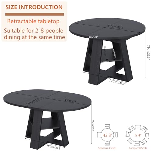 43.3"-59" Extendable Round Oval Dining Table for 4-8 with Storage Shelf | Modern Kitchen Oval Dining Table with Removable Leaves,Space Saving Extendable Table Wood Base for Kitchen Living Room BLack - color: Black