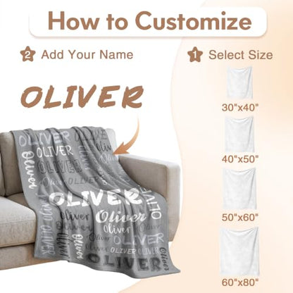 Personalized Blanket with Name, Custom Name Blanket Gifts for Kids Adults Boys Girls Teen, Soft Customized Fleece Flannel Throw for Bedroom Living Room, Birthday Christmas - color: Grey