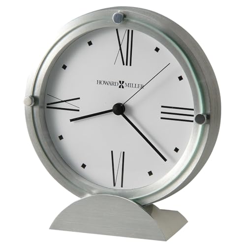 Howard Miller Simon II Tabletop Clock – Brushed Aluminum Finish, White Dial, Roman Numerals, Flat Glass Crystal, Interior Light