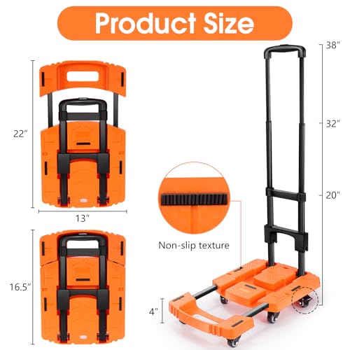Voipvvii Folding Hand Truck500lbs, Portable Heavy Duty Dolly Cart, 6 Wheels Collapsible Luggage Cart with 2 Elastic Ropes - Compact Trolley Cart for Easy Moving - Ideal Hand Cart for Travel and More - color: Orange