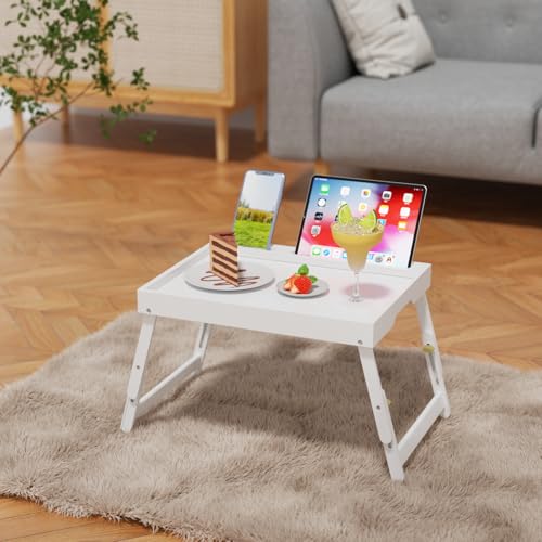Artmeer Adjustable Bamboo Bed Tray Table with Device Slot, Large, White | Adjustable FSC-certified bamboo bed tray with device slot, folding legs and handles for meals, laptops and reading in bed. - color: White, size: Large Adjustable