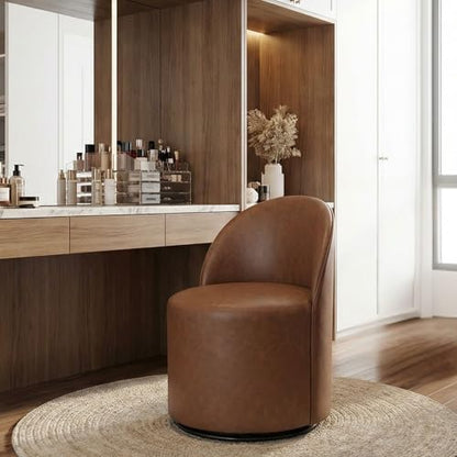 HNY Upholstered Kitchen & Dining Room Barrel Chair, Mid Century Modern Round Leather Dining Chair, 360 Degree Swivel Comfy Armless Accent Makeup Vanity Side Chair for Bedroom Living Room, Brown - color: Brown