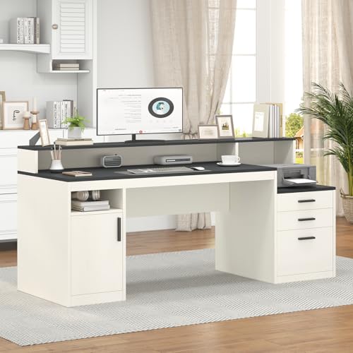 65" Computer Desk with 3 Drawers & Printer Shelf for Home Office | Office Desk with Printer Shelf & File Drawer, Executive Desk Writing Study Table with Monitor Stand, Black & White - color: Black & White