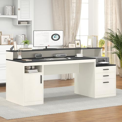 65" Computer Desk with 3 Drawers & Printer Shelf for Home Office | Office Desk with Printer Shelf & File Drawer, Executive Desk Writing Study Table with Monitor Stand, Black & White - color: Black & White