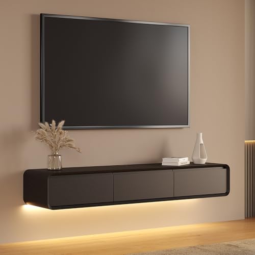 POVISON Fully-Assembled Minimalist Floating TV Stand with LED Lights, Modern Wall-Mounted Media Console with 3 Flip-Down Cabinet Doors for 55 Inch TV, Black Oak, 63" - color: Black, size: 62.99"