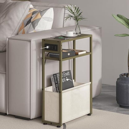 Leomonio Green Side Table with Charging Station, Slim End Tables with Linen Basket, Skinny Table for Small Spaces, Thin Bedside Table for Living Room, Bedroom - color: Forest Green + Camel Brown - Outlet