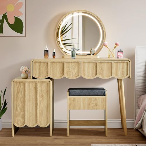 Vanity Desk with Mirror and Lights, Modern Wood Wave Panel Vanity Desk Set Makeup Table with Drawers and Cabinet, Dressing Table with Storage for Bedroom, Natural - style: Natural