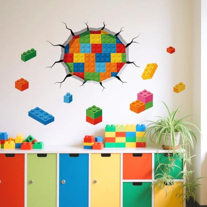 Hole in Wall Building Blocks Wall Decals, Wall Stickers Decor | 2 Sheets 11.8"x37.8" Vinyl Removable Peel and Stick Murals, Plant Decor for Bedroom, Bathroom, Office, Classroom & Home - style: Hole in Wall Building Blocks
