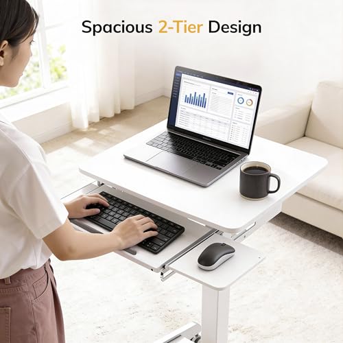 Mount-It! Height Adjustable Rolling Laptop Desk with Keyboard Tray, Mobile Sit-Stand Computer Cart with Wheels, Small Standing Desk for Home, Office, or Classroom, 23.6" x 20.5", White - color: White