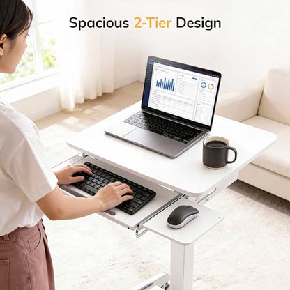 Mount-It! Height Adjustable Rolling Laptop Desk with Keyboard Tray, Mobile Sit-Stand Computer Cart with Wheels, Small Standing Desk for Home, Office, or Classroom, 23.6" x 20.5", White - color: White