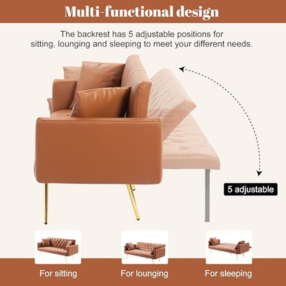 Anwick 72''Modern Velvet Sofa Bed Futon,Convertible Folding Sleeper Couches with 3 Adjustable Backrests,Tufted Recliner Loveseat with Golden Chrome Legs for Living Room Apartment Office (Brown) - color: Brown