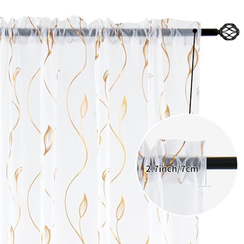 Gold Foil Print Sheer Curtains 63 inches Long, 2 Panels Wicker Bronzing Treatment Sheer Curtain, Rod Pocket Window Treatment Panels for Bedroom Living Room - color: Wicker/Gold/White, size: 52"W x 63"L (Pack of 2)