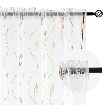 Gold Foil Print Sheer Curtains 63 inches Long, 2 Panels Wicker Bronzing Treatment Sheer Curtain, Rod Pocket Window Treatment Panels for Bedroom Living Room - color: Wicker/Gold/White, size: 52"W x 63"L (Pack of 2)