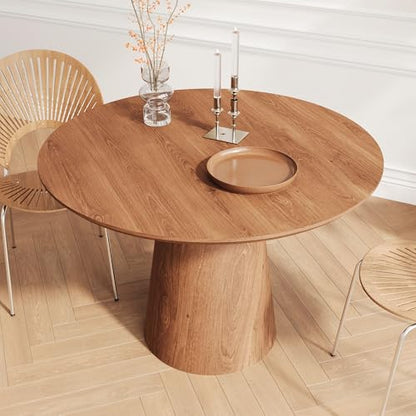 43" Round Dining Table Modern for 4, Natural Wood Grain Circle Kitchen Table with Cone Wood Pedestal Base, Mid Century Circular Dining Table for Living Room, Walnut - color: 43 Inch Walnut