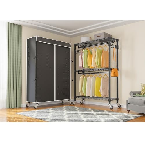 VIPEK R2C Rolling Clothing Rack Covered Portable Closet for Hanging Clothes | Lockable Silent Wheels, Double Hanging Rods, Adjustable Wire Shelving, Polyester Cover, Load 580lbs for Home/Small Space - color: Black Rack with Black Cover, size: R2C