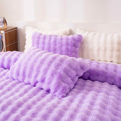 Fluffy Lavender Duvet Cover Full Set, Soft Shaggy Plush Rabbit Bedding Set 3 Pieces (1 Fuzzy Comforter Cover + 2 Faux Fur Pillow Cases)（Lavender, Full） - color: Lavender, size: Full