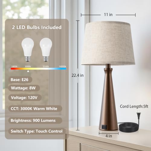 Modern Touch Lamps for Nightstand, 3 Way Dimmable Bedroom Lamp Set of 2 | USB C+A Charging Ports, Brown Bedside Lamps for Bedroom, Living Room, End Table, Bed Side, LED Bulb Included - color: I. Brown Base-Beige Shade