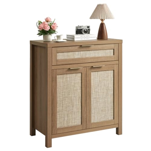 30" Rattan Sideboard Buffet Cabinet, Boho Storage Cabinet | Adjustable Shelves, 2 Doors & 1 Drawer, Farmhouse Credenza, Coffee Bar Cabinets, Living Room, Hallway, Kitche - color: Rustic Oak, size: 30-Inch