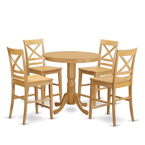 East West Furniture JAQU5-OAK-W 5 Piece Counter Height Dining Table Set Includes a Round Wooden Table with Pedestal and 4 Kitchen Dining Chairs, 36x36 Inch, Oak - color: Jaqu5-oak-w