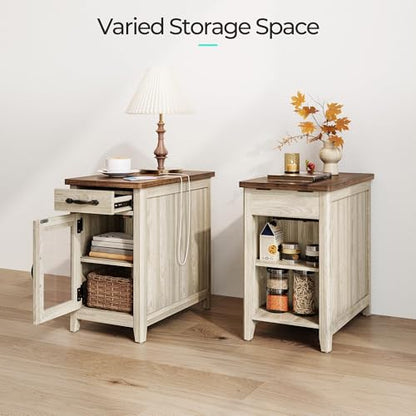 LINSY HOME End Table with Charging Station, Modern Farmhouse Wooden Side Table with Drawer, Detachable Holder, Extra Storage & Display Space, for Living Room and Bedroom, Glass Door, Washed Grey | Built-in Charging Station with USB & Outlet, Drawer Storag