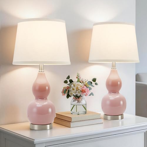 22" Table Lamp Set of 2, Color Temperature Adjustable Double Gourd Ceramic Lamps Classic Nightstand Table Lamps for Bedroom Beside Lamps for Living Room, Pink-Bulbs Included - color: 22.63" Pink Gourd