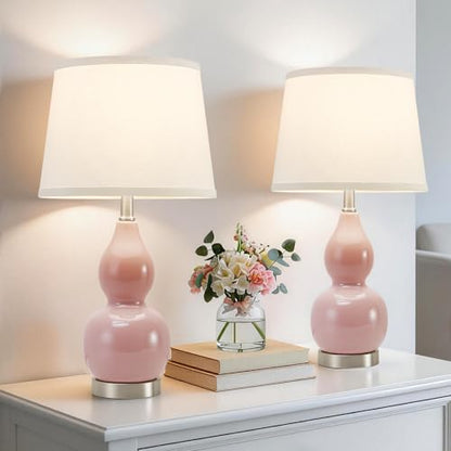 22" Table Lamp Set of 2, Color Temperature Adjustable Double Gourd Ceramic Lamps Classic Nightstand Table Lamps for Bedroom Beside Lamps for Living Room, Pink-Bulbs Included - color: 22.63" Pink Gourd