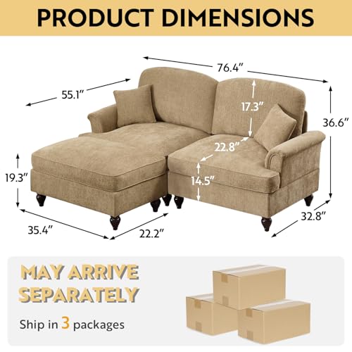 Modular Loveseat Sofa Couch, 2 Seat Comfy Chenille Sofa with Removable Ruffled Skirt, Flared Armrests, Sturdy Legs, Convertible Sectional for Living Room, Bedroom, Apartment (Coffee) - color: Coffee, size: 76.4 Inch L