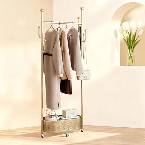 Coat Rack Freestanding Clothing Rack with Wheels & 1 Storage & 4 Hooks Heavy Duty Clothes Rack for Corner Bedroom Entryway Living Room Hotel (Gold) - color: Gold