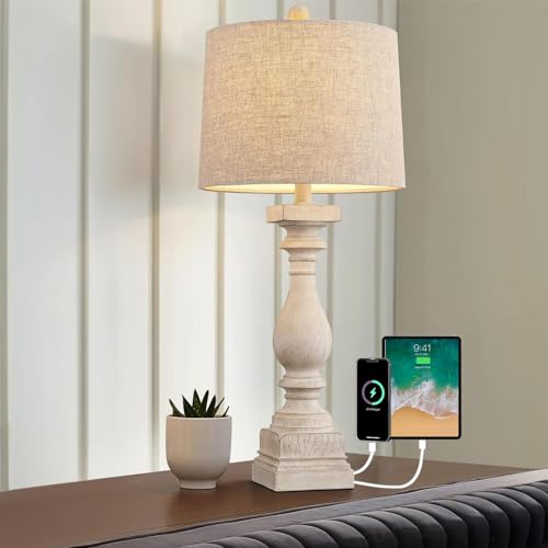 BOBOMOMO Retro 27" USB Charging Ports A/C Wash-White Farmhouse Lamps for Bedrooms Side Table Lamps Bedside Lamp for Nightstand Living Room 1 Pack (Blubs not Included) - color: Off-White