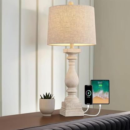 BOBOMOMO Retro 27" USB Charging Ports A/C Wash-White Farmhouse Lamps for Bedrooms Side Table Lamps Bedside Lamp for Nightstand Living Room 1 Pack (Blubs not Included) - color: Off-White