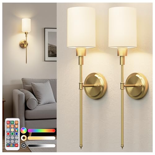 Battery Operated Wall Sconce: Set of 2 Wireless Wall Lights with 12000mAh | 15 Color Rechargeable Wall Sconces, Not Harwired Sconce Wall Decor Set of 2 for Bedroom, Living Room, Gold 24.3in - color: Gold
