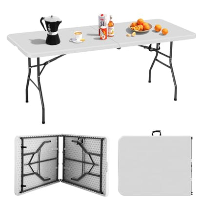 6FT Folding Table, Heavy Duty Plastic Table Portable Fold-in-Half Utility Table Indoor Outdoor Picnic Table w/Handle & Lock for Camping BBQ Party Wedding Market Events, 500LBS - size: 6 FT