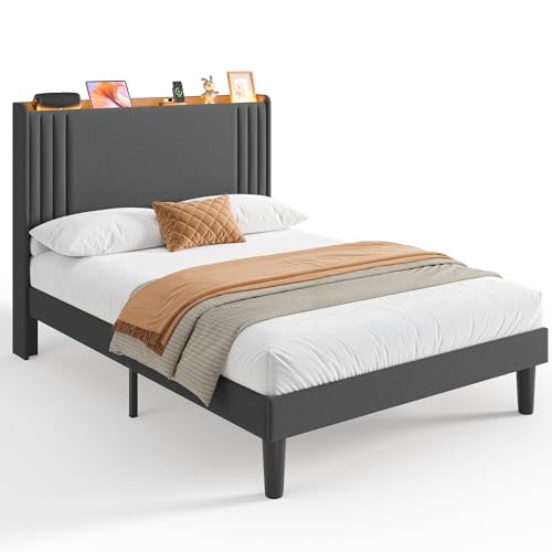 Gizoon Full Bed Frame with Charging Station and LED Lights | Upholstered Wingback Platform Bed with Padded Headboard,Wooden Slats,Noise-Free,No Box Spring Needed, Easy Assembly,Dark Grey - color: Dark Grey+led, size: Full