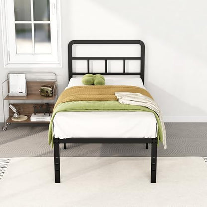 DiaOutro 18 Inch Twin Bed Frames with Headboard Metal Platform, Black | Heavy Duty Bed For Kids Adults, Steel Slat Supports No Box Spring Needed, Easy Assembly, Noise Free - size: Twin, style: 18 Inch