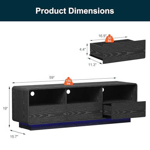 RoyalCraft TV Stand for TVs Up to 65", Modern Black Entertainment Center with 3 Storage Drawers and LED Lights, Curved Wood Media TV Console for Living Room, Bedroom - color: Black