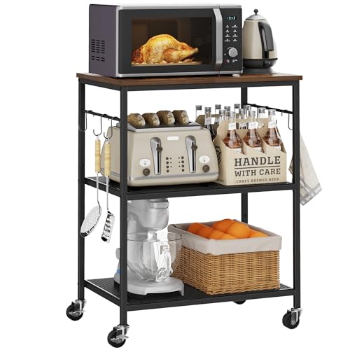 Homleke 3-Tier Rolling Kitchen Microwave Cart, Utility Cart | Coffee Bar Table Station with 6 Hooks, Small Appliance Storage Shelf, Rustic Brown and Black - color: Rustic Brown and Black