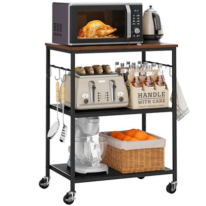 Homleke 3-Tier Rolling Kitchen Microwave Cart, Utility Cart | Coffee Bar Table Station with 6 Hooks, Small Appliance Storage Shelf, Rustic Brown and Black - color: Rustic Brown and Black