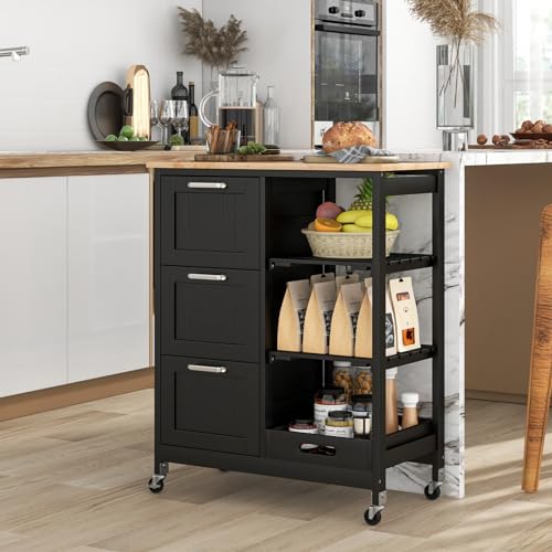 COSTWAY Kitchen Storage Island Cart on Wheels, Kitchen Rolling Trolley Cart with 3 Drawers and Shelves, 360° Wheels & Detachable Tray, Utility Cart for Dining Room, Living Room & Bedroom (Black) - color: Black