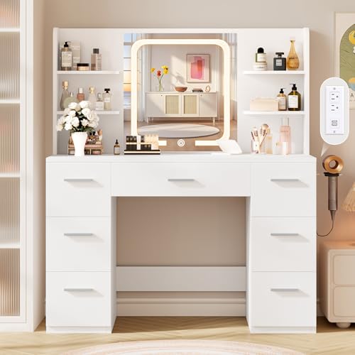 LIVELYGLOW 43" Large White Makeup Vanity Desk with Charging Station | Smart LED Mirror, Hairdryer Holder, 7 Drawers, 4 Shelves - color: White