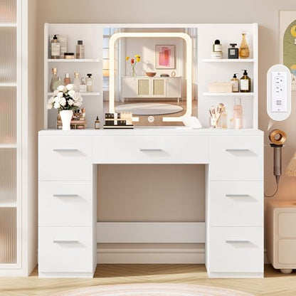 LIVELYGLOW 43" Large White Makeup Vanity Desk with Charging Station | Smart LED Mirror, Hairdryer Holder, 7 Drawers, 4 Shelves - color: White
