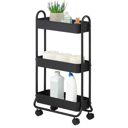 SunnyPoint Slim Rolling Storage Cart, 3 Tier Bathroom Storage Organizer Bathroom, Laundry Utility Cart (Black) - color: Black