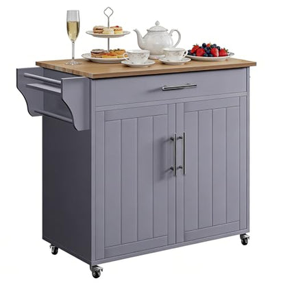 Kitchen Island, Island Table for Kitchen, Wooden Rolling Kitchen Island On Wheels with Countertop, Mobile Kitchen Island Cart with Towel Rack, Spice Rack and Drawers, Grey - color: Grey