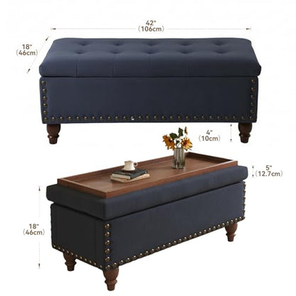 42'' End of Bed Storage Bench with Dual-Surface Lid, Upholstered Ottoman with Hidden Storage, Chenille Bench Seating with Wood Panel Seat for Entryway,Living Room,Bedroom-Blue - color: 4-blue