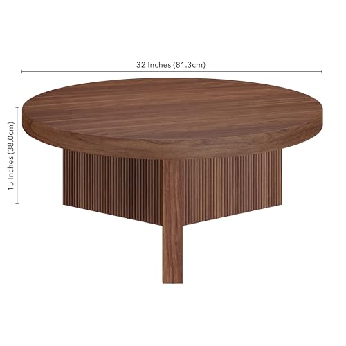 Henn&Hart 36" Scandinavian Fluted Coffee Table, Medium Walnut | Ribbed pedestal base and low profile bring Scandinavian style to small spaces including living rooms or family rooms - color: Medium Walnut, size: 36 inches